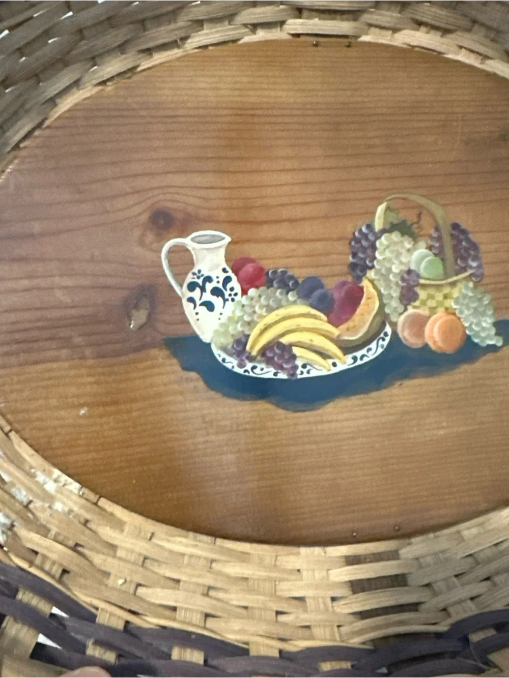 Nantucket style Woven painted Fruit Basket Tray with Wooden Handle - Brown folk